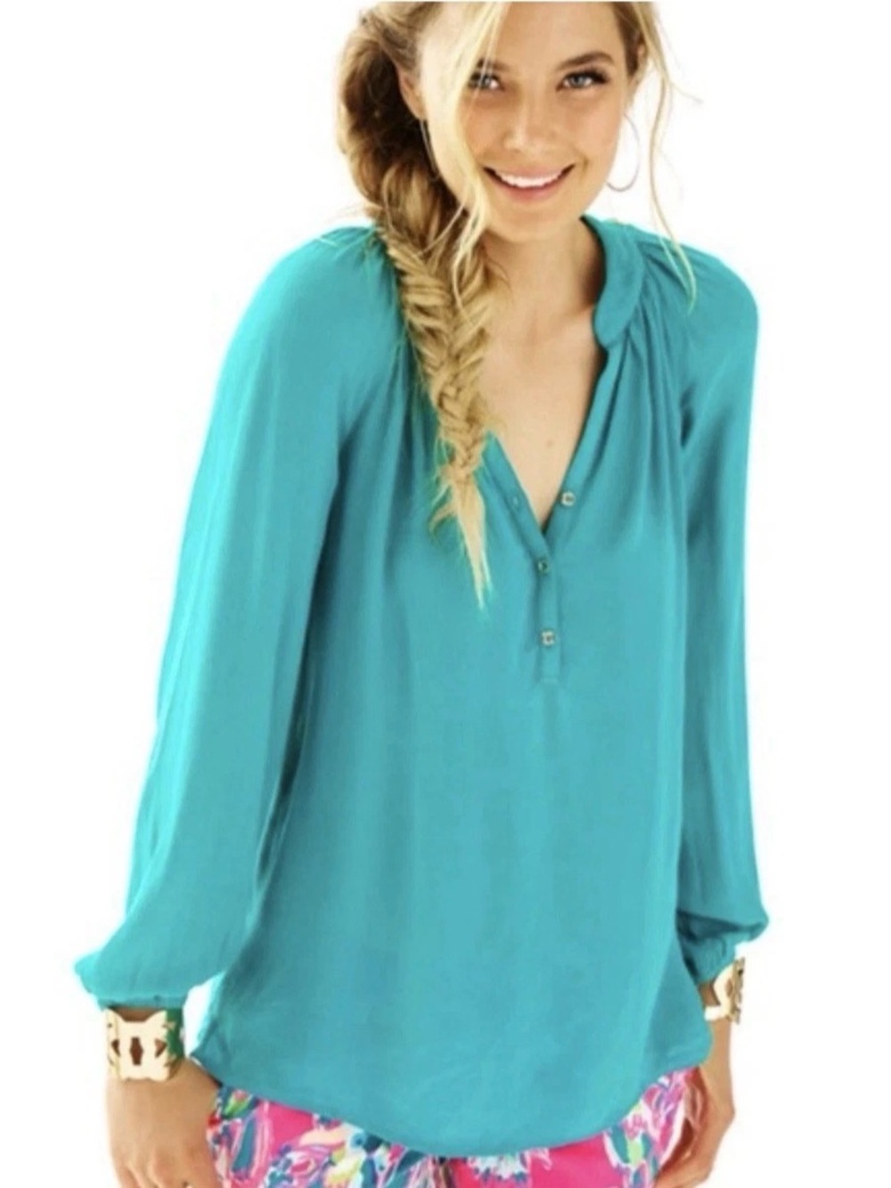 Lilly Pulitzer Elsa-Style Teal/Jade Long Sleeve Blouse – Size XS